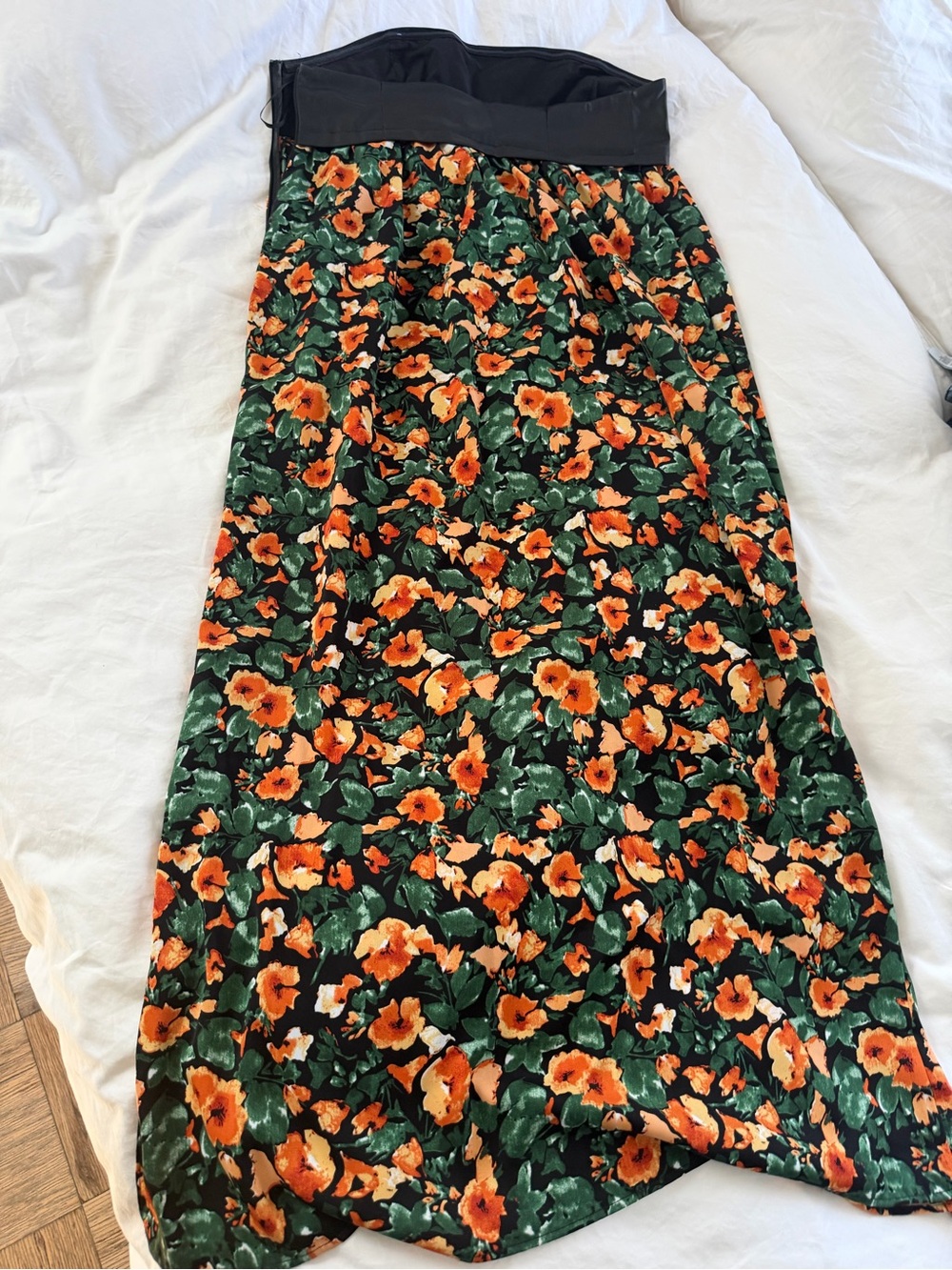 Anthropologie Black Floral Maxi Dress with Orange & Green Print